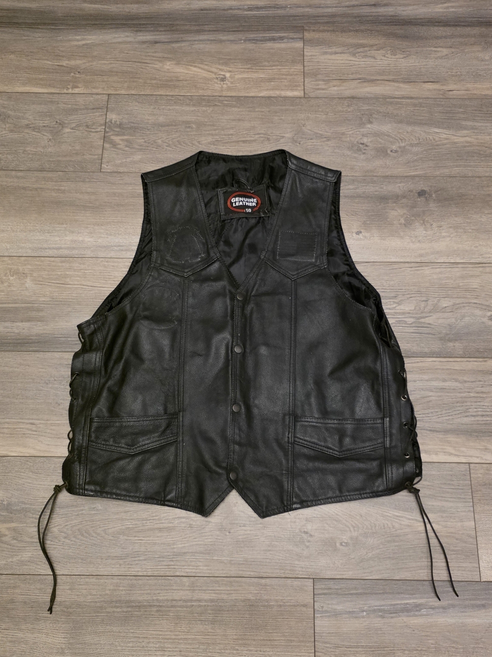 Genuine Leather Motorcycle Biker Vest - Side Lace & Snap Front - Size 50 (2XL)